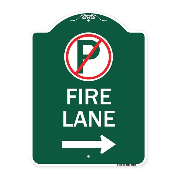 Fire Lane No Parking and Right Arrow, Green & White Aluminum Sign, 18" x 24", GW-1824-24019